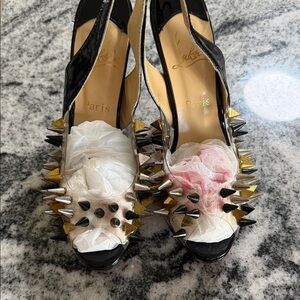 Christian Louboutin Black Patent Leather Spiked Peep-Toe Pumps